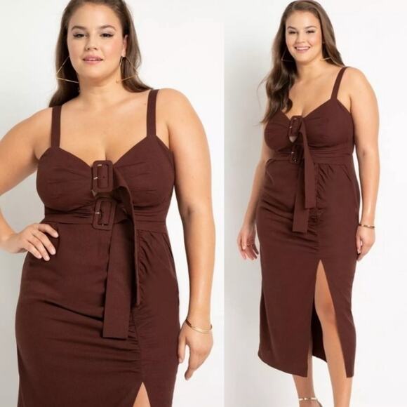 ELOQUII LINEN BLEND MIDI DRESS IN CAPPUCCINO Size 18 - Picture 1 of 8